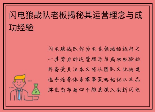 闪电狼战队老板揭秘其运营理念与成功经验