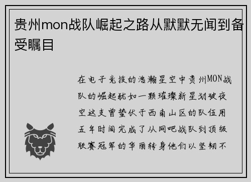 贵州mon战队崛起之路从默默无闻到备受瞩目